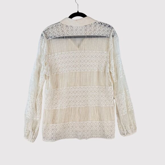 ALEXIS Womens Top Beige Button Up Silk Crochet Lace Sheer Blouse Boho USA Size 6 - Picture 2 of 11
